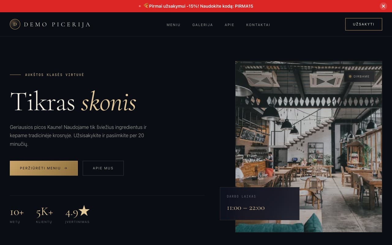 Picerijos internetinės svetainės pavyzdys — Webis.lt demo